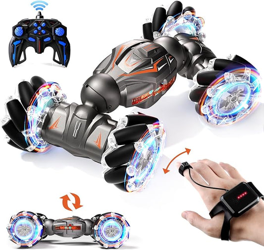 Deejoy 1:12 RC Stunt Car, 2.4GHz 4WD Remote Control Gesture Sensor Toy Cars, Double Sided Rotating Off Road Vehicle 360° Flips with Lights Music, for Boys & Girls Birthday（Black Silver）