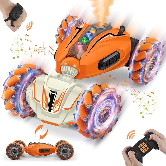 Gesture Sensing RC Car Hand Controlled Remote Control Car with Spray, 2.4Ghz All Terrain Remote Toy C-ar for Kids, Transformed Vehicle 360° Spins LED Present Speedcar for 3-12yr Boys Girls Orange