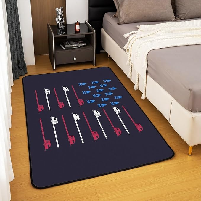Erosebridal Camping Area Rug 5x7 American Flag Rug for Boys Men Rustic Campfire RV Car Carpet Abstract Road Blue Red Black Non Shedding Living Room Rugs