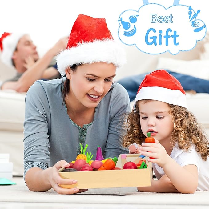 Wooden Play Food Sets for Kids Kitchen Fake Food Cutting Fruit and Vegetables Pretend Play Toddler Toys Food Montessori Toys for 3 4 5 6 7 Years Old Gifts for Boys and Girls