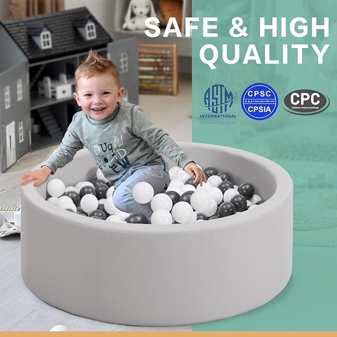 Foam Ball Pit for Toddlers: Soft PU Leather Baby Ball Pit - Indoor Outdoor Baby Playpen Ball Pool for Kids Toy for Children (Gray, NO Balls)