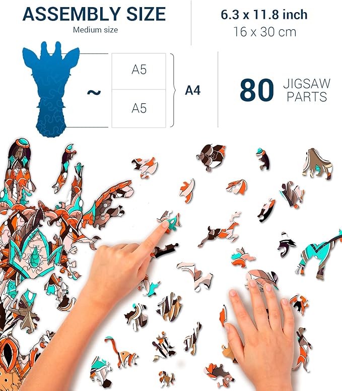 Animal Wooden Jigsaw Puzzles for Kids (12+ Years) Adult, Teens, Family; Animal Majestic Shaped Natural Wood Puzzle, Expert Level, 6.3x12 in. (16x30 cm), 80 pcs, S - Size – Giraffe