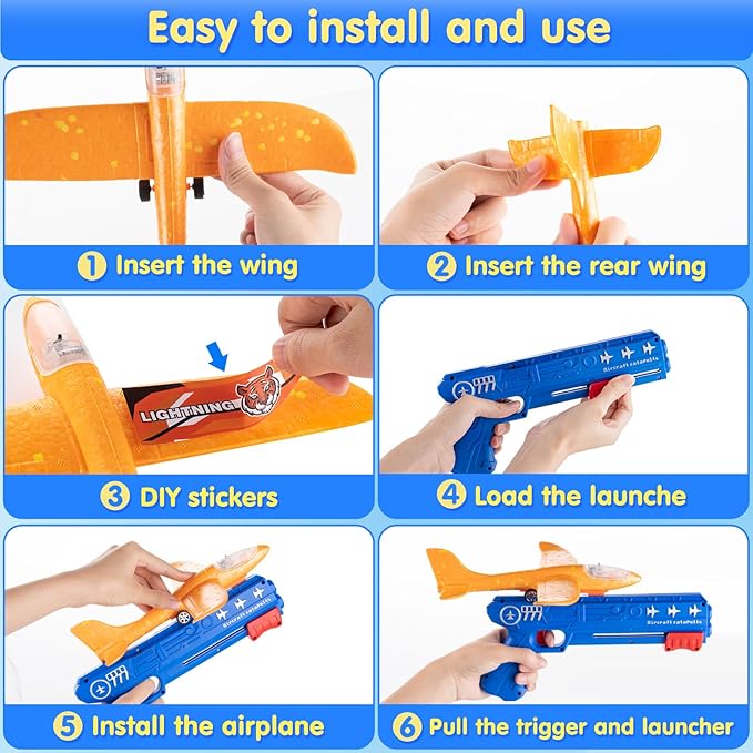 3 Pack LED Airplane Launcher Toys - Foam Glider Catapult Aircraft Plane Toy with Stickers - 2 Flight Mode Outdoor Flying Toys for Age 3 4 5 6 7 8 9 10 11 12 Year Old Kids Boys Girls Birthday Gifts