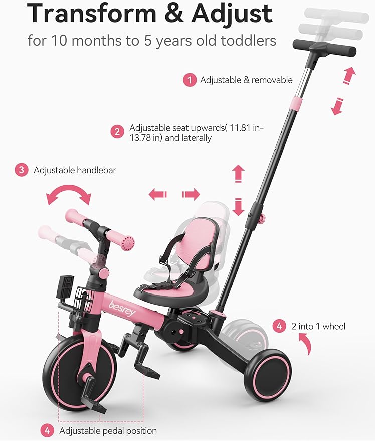 besrey 5 in 1 Toddler Bike, Toddler Tricycle for 1-3 Year Old, Trike with Push Handle, Backrest and Safety Belt, Birthday Gifts and Toys for Boys and Girls, Balance Bike