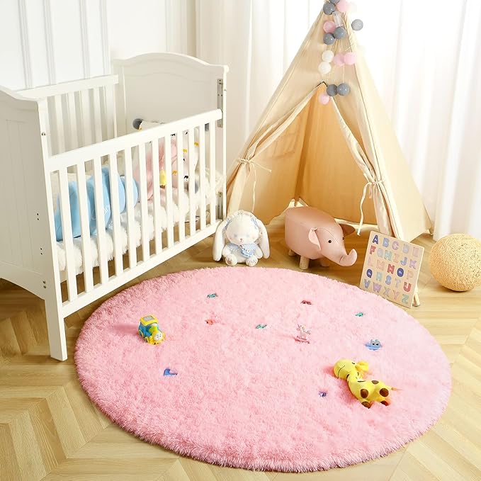 LOCHAS Luxury Round Fluffy Area Rugs for Bedroom Kids Girls Room Nursery, Super Soft Circle Rug, Cute Shaggy Carpet for Children Living Room, 4x4 Feet Pink