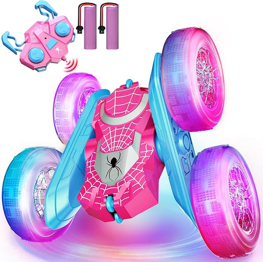 NQD Pink Remote Control Car for Girls, 360° Spin Flip RC Stunt Car with Flashing Wheel Lights 2 Batteries, Double Sided 4WD Off-Road RC Toy Gift for Girls Xmas Birthday