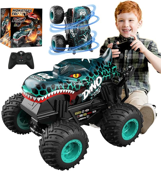 Jumping Monster Truck Toy, 2.4GHz Remote Monster Trucks for Boys 4-6, Dinosaur Monster RC Truck, 2 Rechargeable Batteries, 3 Lighting and Music, Rotate 360 °, Drift, Green Remote Control Car