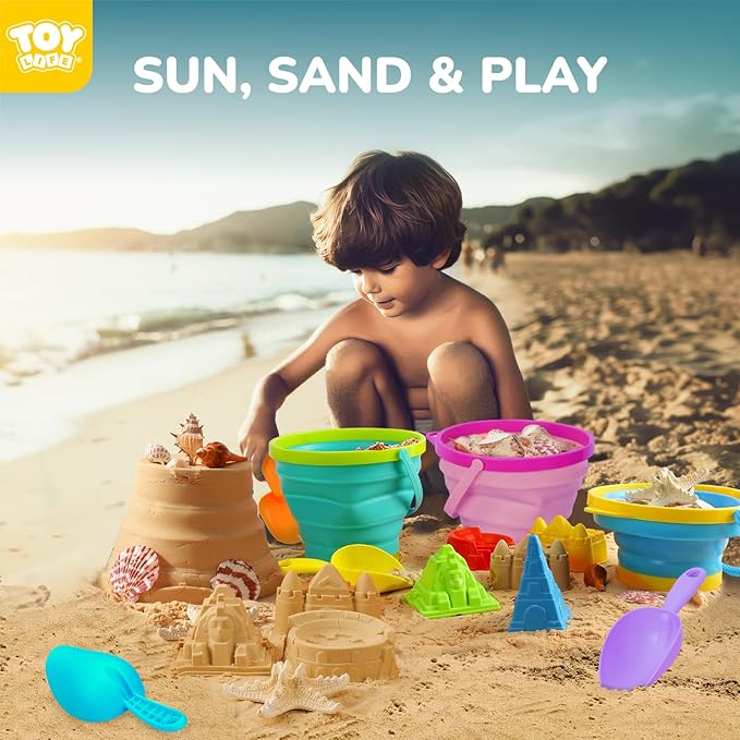 TOY Life Beach Toys for Kids Ages 4-8 Collapsible Sand Toys Toddlers with Silicone Bucket Shovels & Sand Castle Building Kit Molds, Sandbox Toy Travel, Beach Party, Fishing, Summer Activities