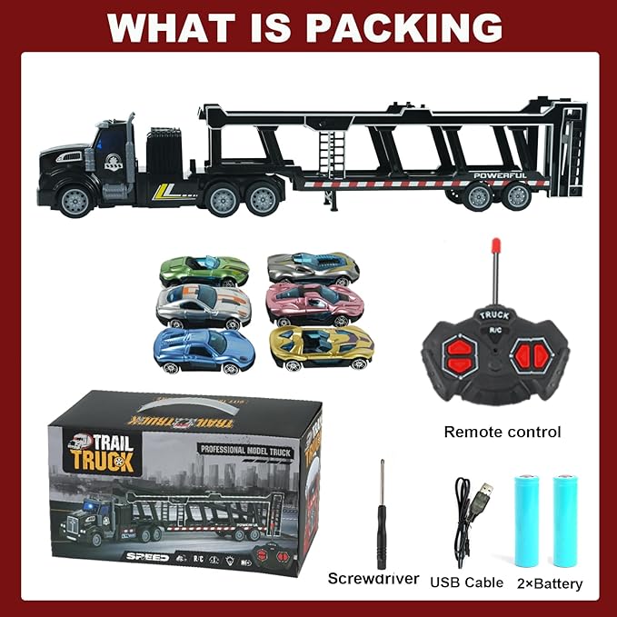 Remote Control Car Transporter Truck Includes 6 Cars, 14" 1:48 Car Transporter Semi Truck Toy, Equipped with 2 Rechargeable Batteries, Gifts Ideas for Boys Age 3-8 Year Old