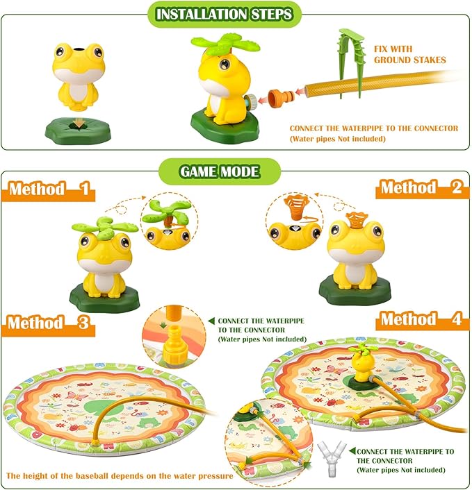 Water Sprinkler Baseball Toy for Kids with Splash Pad Outdoor Toddler Toys Kids with 2 Sprinkler Heads 360° Rotating Spray Water Baseball, Toddler Summer Activities for 3-8 Years Old Boys & Girls