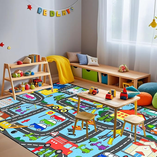 Car Track Rug - Car Rugs for Kids Toy Cars City Life Road Rug for Large Kids Play Mat for Boys Girls Playroom Living Room Bedroom Classroom, 5'×7'