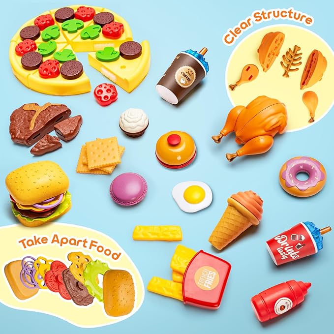 Restaurant Server Play Toys Set for Boys Girls Age 3-8, Role Play Set with Unisex Server Dress-Up Costume, Play Food, Play Money, Menu for Kids Play Kitchen, Restaurant,Xmas Stocking Stuffers for Kids