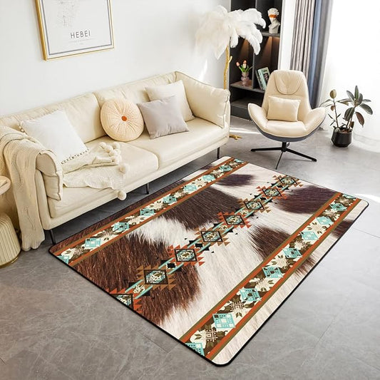 Erosebridal Cowhide Area Rug 5x6'6'', Brown Highland Cow Print Rug, Western Rug Exotic Aztec Carpet for Bedside, Farmhouse Wild Animals Longhorn Skin Cowboys Decorative Rug for Men