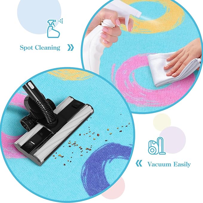 STARUIA Big Educational Area Rug Classroom Rugs for Elementary, 7.5x13 Abstract Blue Rug with Colorful Handpainted Circles, Stain-Resistant High-Traffic Kids Carpet for Playroom Home Learning