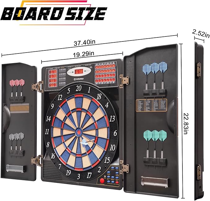 WIN.MAX Electronic Dart Board Cabinet Set, LED Electric Digital Soft Tip Dart Boards for Adults with Cabinet, up to 16 Players, 38 Games and 211 Variations with 12 Soft Tip Dartboard Set