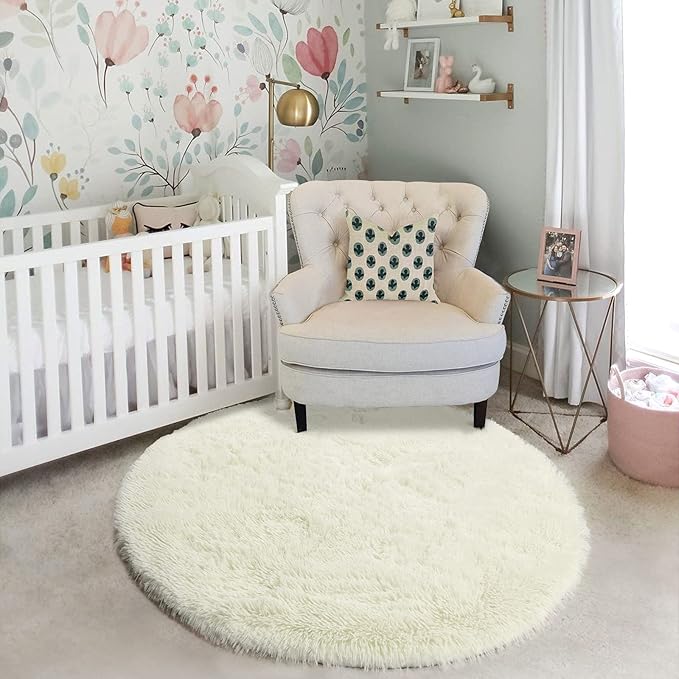 Amdrebio Ivory White Round Rug 4Ft for Kids Bedroom Aesthetic, Washable Fluffy Fuzzy Circle Area Rugs for Living Room, Circular Plush Soft Shaggy Cream Carpet for Baby Nursery Dorm Teen Girls Boys