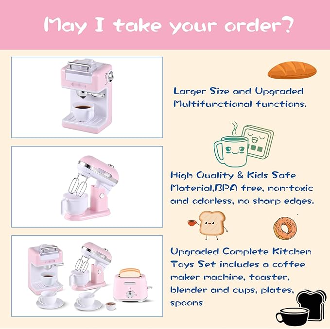 Play Kitchen Toys Kids Accessories Pretend Play Appliances Toy Set with Coffee Maker, Mixer, Toaster for Kids Toddler Kitchen Playset Ages 4-8 Girls (Pink)