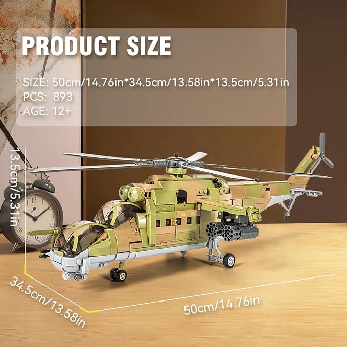 DAHONPA MI-24S Helicopter Medium Utility Military Army Airplane Building Bricks Set, 850+ Pieces Air-Force Build Blocks Toy, Gift for Kid and Adult