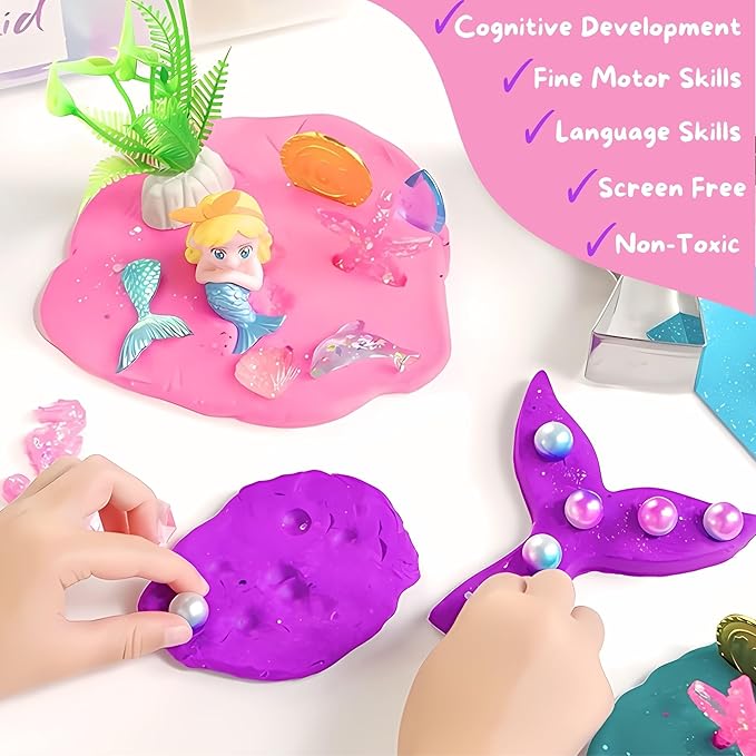 Sensationally OT Mermaid Sensory Dough Kit (3 Jars) Non-Toxic Dough with Cutters, Stampers, Coins, Pearls, Seahorses, Starfish, Treasure Box - Perfect Creative Play and Gift for Kids & Toddlers