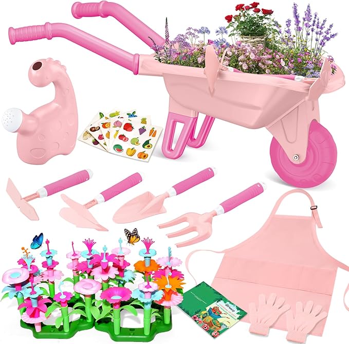16Pcs Kids Gardening Tools Outdoor Toys Set Backyard Play with 93 PCS DIY Flower Garden Building Preschool Activities (Pink)
