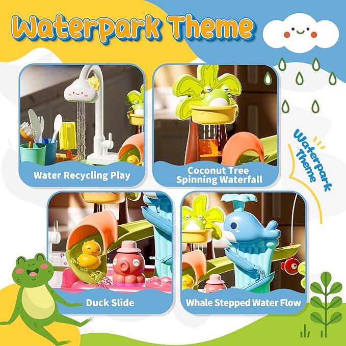 Play Sink with Running Water, 4-IN-1 Kids Kitchen Sink Toys with Electric Faucet, Water Table Floating Pool Toy w/ Fishing Game, Duck Slide, Pretend Play Dishwasher Set for Toddler Boys Girls (Pink)