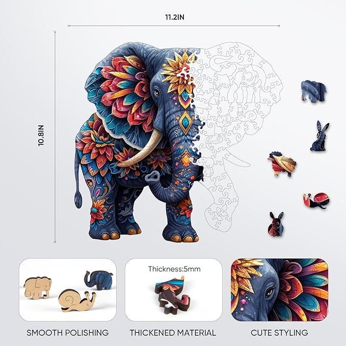 Elephant Wooden Puzzles for Adults, Jigsaw Puzzles 500 Pieces, Unique Shape Puzzles with Wooden Box, 16.7" x 16.1" Royal Size Family Game Gift, Fun Challenging Puzzles for Adults and Kids