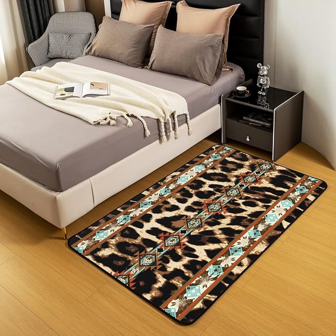 Erosebridal Western Rugs, Cheetah Print Area Rug 4x5, Leopard Skin Fur Hair Spot Ethnic Tribe Arrow Aztec Indian Tribal Geometry Carpet for Bedside, Retro Exotic Southwestern Washable Decorative Rug