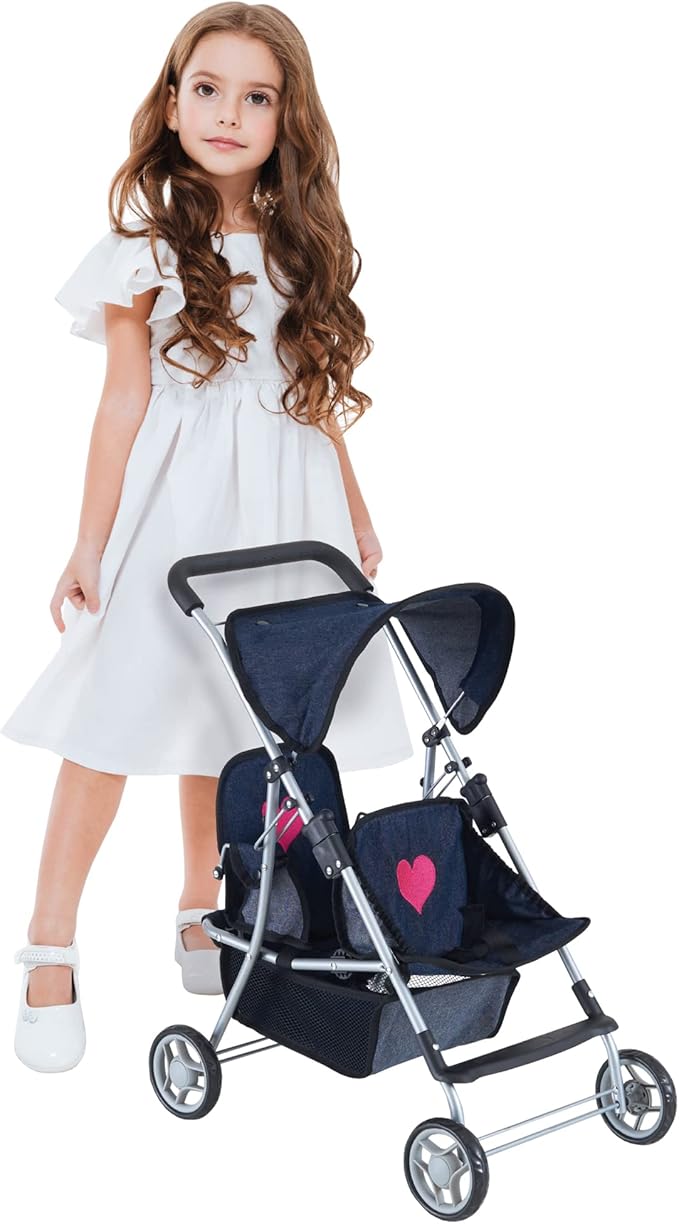 Double Baby Doll Stroller for Twin Dolls | Toy Doll Stroller for Toddlers, 4 Year Old, 5 Year Old Girls, 8 Year Old | 25” Tandem Play Toy Stroller for Baby Dolls, Denim Baby Stroller for Dolls