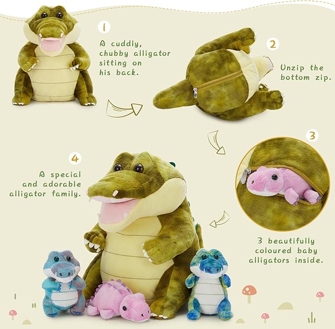 MorisMos Crocodile Stuffed Animal with 3 Baby Inside, 13.7" Stuffed Crocrodile Plush Toy, Mommy Alligator Stuffed Animal with 3 Baby Toys, Stuffed Alligator Plush for Boys & Girls Birthday Gift