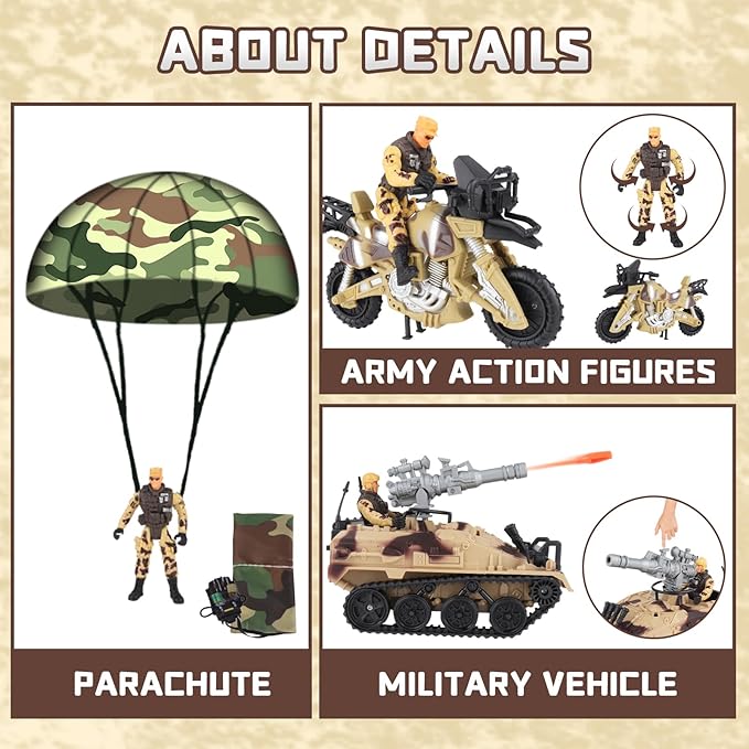 deAO Military Helicopter Toys Set Army Men Playset, Army Toys with Soldier Action Figures, Combat Truck, Motorcycle, Army Tank, Aircraft with Lights&Sound, Christmas Birthday Gifts for Kids Boys