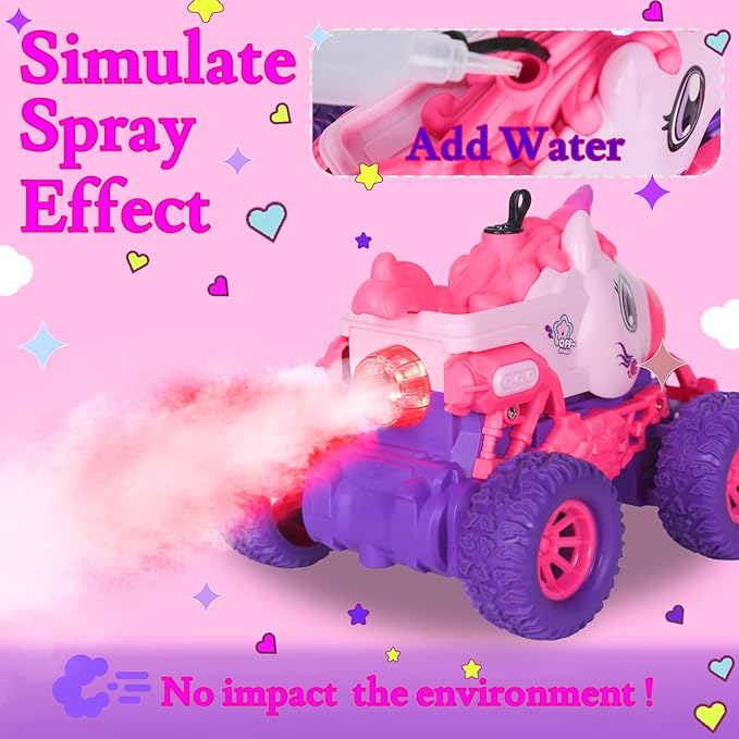 Unicorn Remote Control Cars for Kids, Remote Control Monster Truck Unicorn Toy, RC Monster Truck Unicorn Car with Spray LED Light, Unicorns Gift Toy for Girls Boys 8-12 Kids