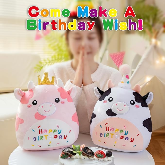 SQEQE Cow Stuffed Animal Kawaii Cow Plushie with Birthday Hat Soft Cow Stuffed Toy Birthday Party Decoration Gift for Kids Girls Boys(Dairy Cow,10 Inch)