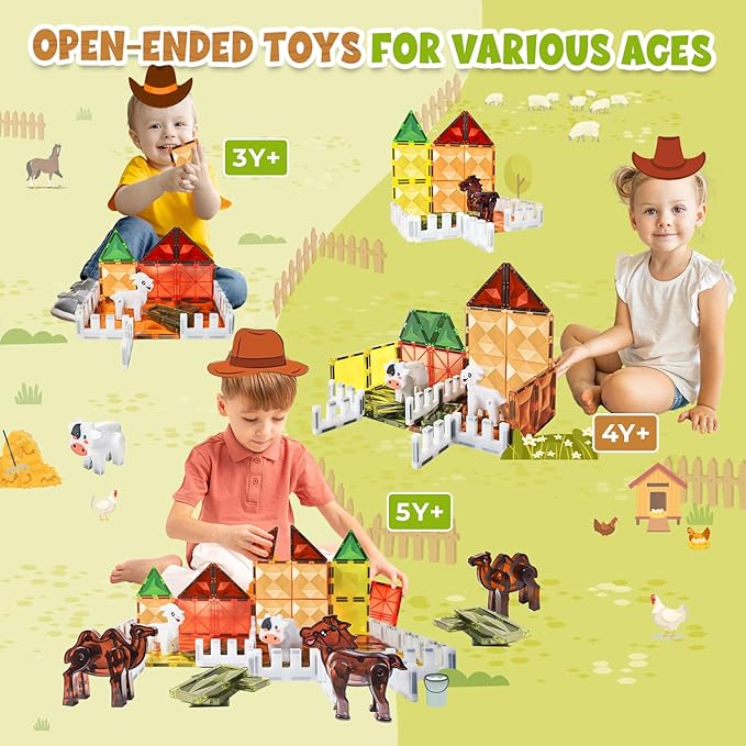 Magnetic Tiles for Kids Ages 4-8, Farm Magnet Tile Set with Animals for Toddlers Ages 3+ Boys Girls, Magnets Building Blocks Toy for Travel, Stem Educational Toys for Preschool
