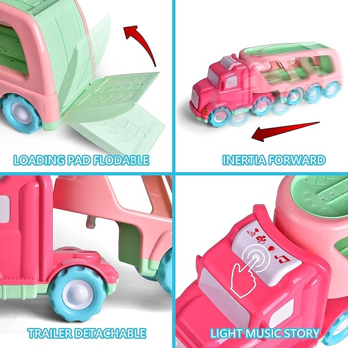 Fun Little Toys Truck Toys for Kids 2-4, Kids Toys Girls Age 2 3 4 5, Toddler Princess Girl Toys Carrier Truck with Cars and Planes, Toddler Birthday Gifts with Music & Lights for 2 3 4 5 Year Girls