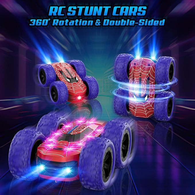 Remote Control Car for Boys, RC Cars for Kids with Colorful LED Lights, 2.4Ghz Double Sided 360° Flips 4WD Stunt Car, Rechargeable Toy Cars for Boys Girls Ages 4-6 5-7 6-8 8-12 Birthday Gift