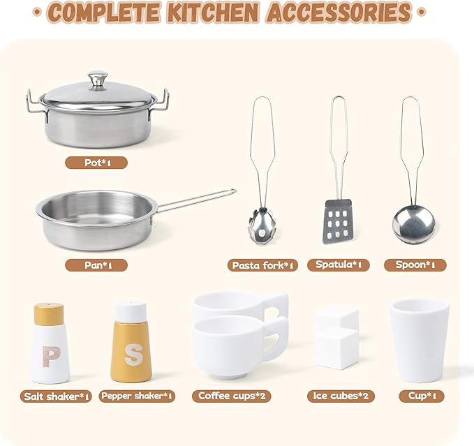 Interactive Wooden Toy Play Kitchen Playset for Kids – Realistic Lights & Sounds, Corner Design with 8 Accessories, Gift for Girls & Boys Ages 3+