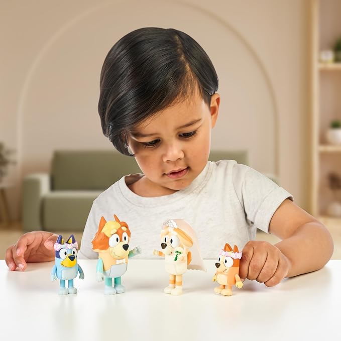 Bluey Figure 4-Pack Wedding Time, Re-Enact Uncle Rad and Frisky's Wedding Day and Bingo Flower Girl Figures