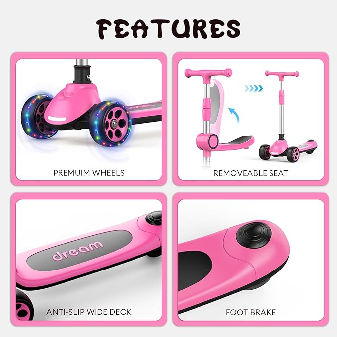 Kids Kick Scooter,Adjustable Height Handlebars and Removable Seat Scooters for Kids,3 Lighted Wheels Anti-Slip Deck Toddler Scooter for Boys & Girls Aged 3-12 up to 132 Lbs.