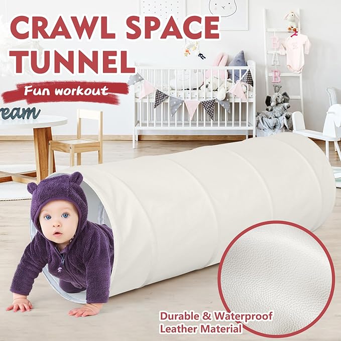 Kids Play Tunnel Tent for Toddlers, Pop Up Crawl Tunnel Toy for Baby or Pet with Neutral Color, Collapsible Gift for Boy and Girl Play Tunnel Indoor and Outdoor Game (Beige Leather Tunnel)