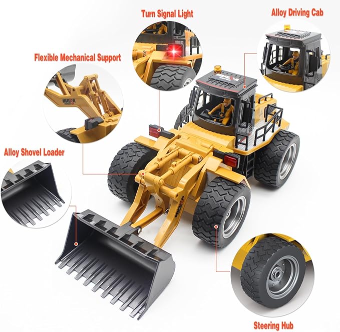 Fistone 9 Channel RC Front Loader, 4WD Alloy Shovel Loader Tractor, 2.4Ghz RC Bulldozer Construction Vehicle Radio Control Tractor Truck Toy with Lights for Kids Age 8-12 Years Old