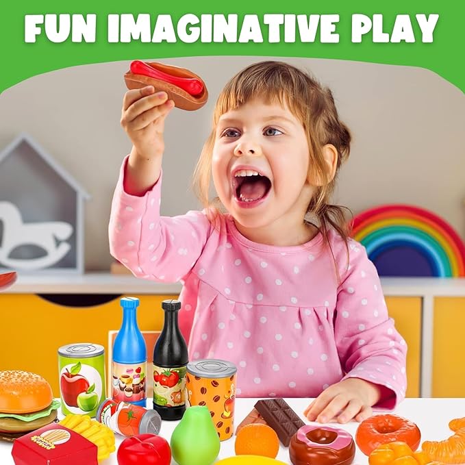 170 PCS Pretend Play Food Toys for Kids Kitchen - BPA-Free Mini Kitchen Accessories and Plastic Fake Food Toys with Veggies, Fruits, Pizza - Imaginative Play Set for Toddlers, Boys, Girls