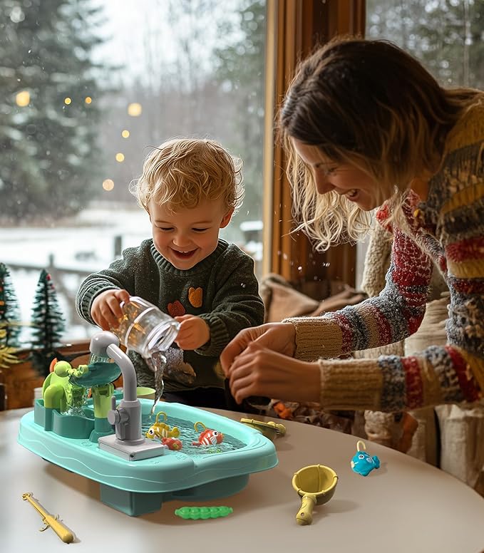 Geyiie Play Sink with Running Water, 14.5''L x 9.4''W x 11.6''H Mini Kitchen Sink Toys for Toddlers, Includes Electric Faucet, Play Food, Fishing Game and Waterwheel - Sensory Toys for Girls and Boys
