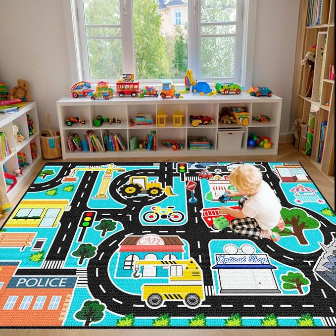 Car Rug Play Mat - Kids Play Rugs City Life Road Map Rug 5x7 Feet Large Educational Traffic Track Car Mat for Kids Toy Cars Carpet for Kid Bedroom Playroom Classroom Decor