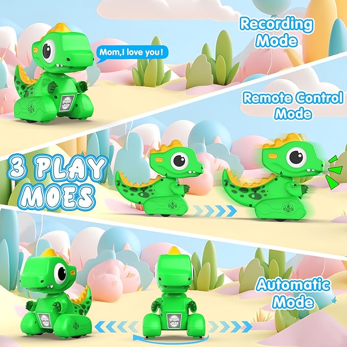 Remote Control Car, 2.4GHZ Remote Control Dinosaur Toys for Kids 3-5, Recording and Repeating LED Lights Eyes Music RC Dinosaur Car Toys for Girls Boys Birthday Gift, Green