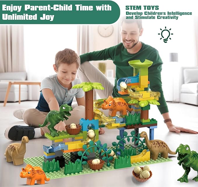 Dinosaur Marble Runs for Kids 4-8 Building Blocks/125Pcs Classic Big Blocks Compatible with LEGO DUPLOS for Age 2-5/Montessori Learning STEM Toys/Toddler Marble Maze Gift Toy for Kids Age 3,4,5,6,7,8+