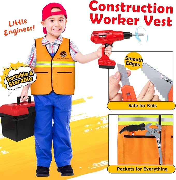 Kids Tool Set - 50Pcs Toddler Tool Set Age 3-5 Construction Toys with Tool Box & Electronic Toy Drill Pretend Play Dress Up Toddler Boys Toys 4-6 Birthday Gifts for 3 4 5 6 7 Year Old Boy Girl