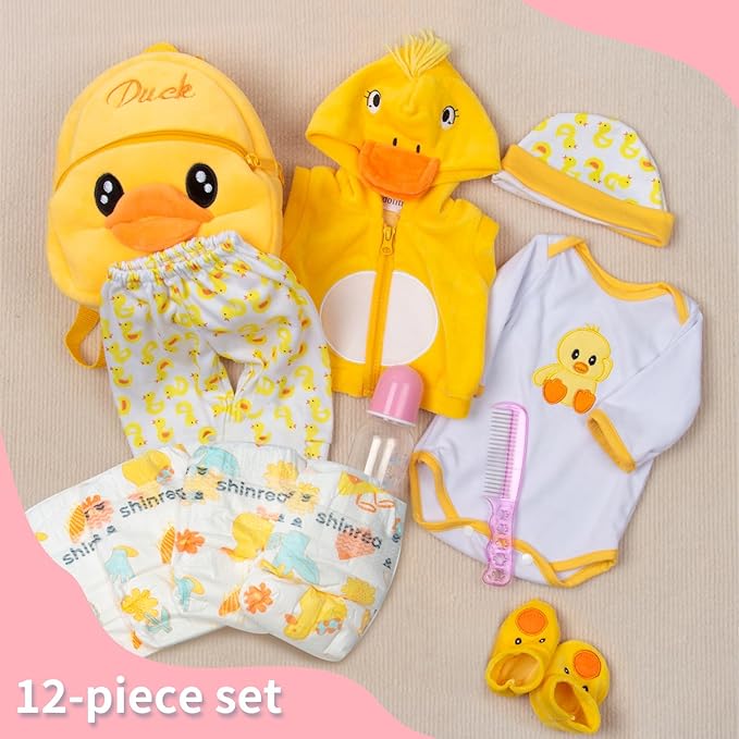 PEDOLLTREE 12pcs Set Reborn Baby Dolls Clothes Accessories with Backpack Diaper Yellow Duck for 17-22 Inch Baby Doll Reborn Doll Newborn Girl&Boy