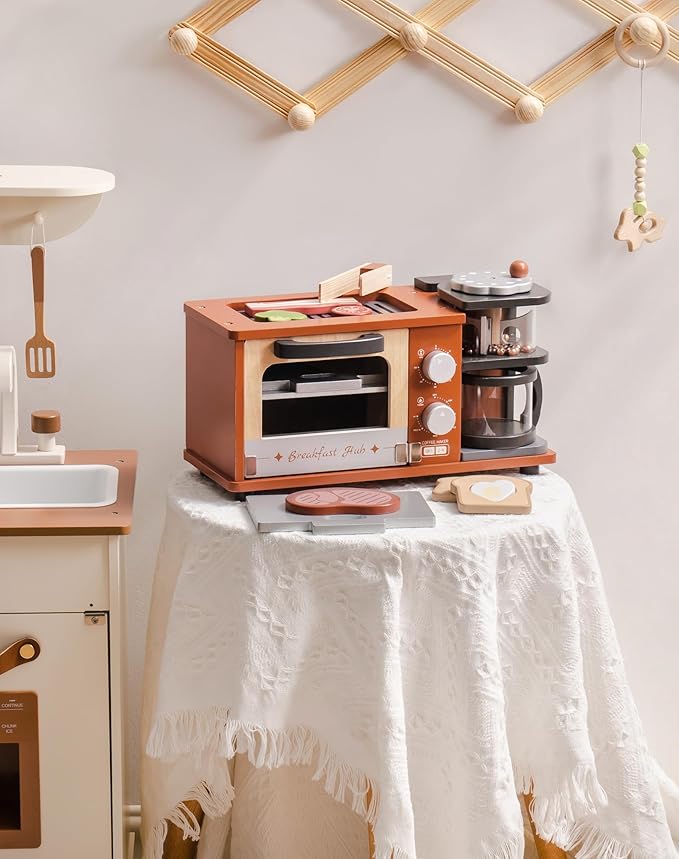 ROBOTIME Play Kitchen Toys Accessories - Wooden Breakfast Machine Kitchen Toy for Kids with Coffee Maker and Pretend Play Food Sets - Kitchen Playset Appliances Toy for Toddlers (Caramel)