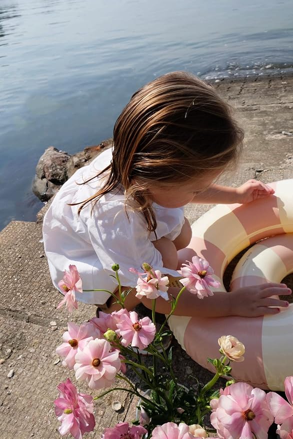 Petites-Pommes Donut Pool Float for Kids & Toddlers - Durable Inner Tube, Handprinted Classic Striped Design Swimming Tube, Soft Comfort Seaming, Packable Floats for Travel, Baby Pink, 24 inch