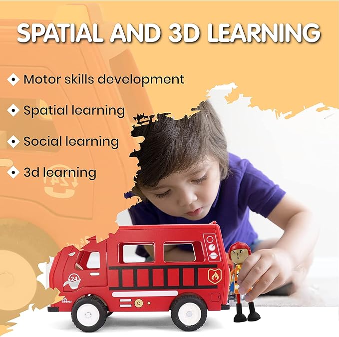 Leo & Friends Fire Truck Play Set - Wooden Kids Toy for 3-Year-Olds and Older - 3-Piece Educational Toy for Kids - Durable Wooden Toy Train Set for Toddles - Christmas Birthday Gifts